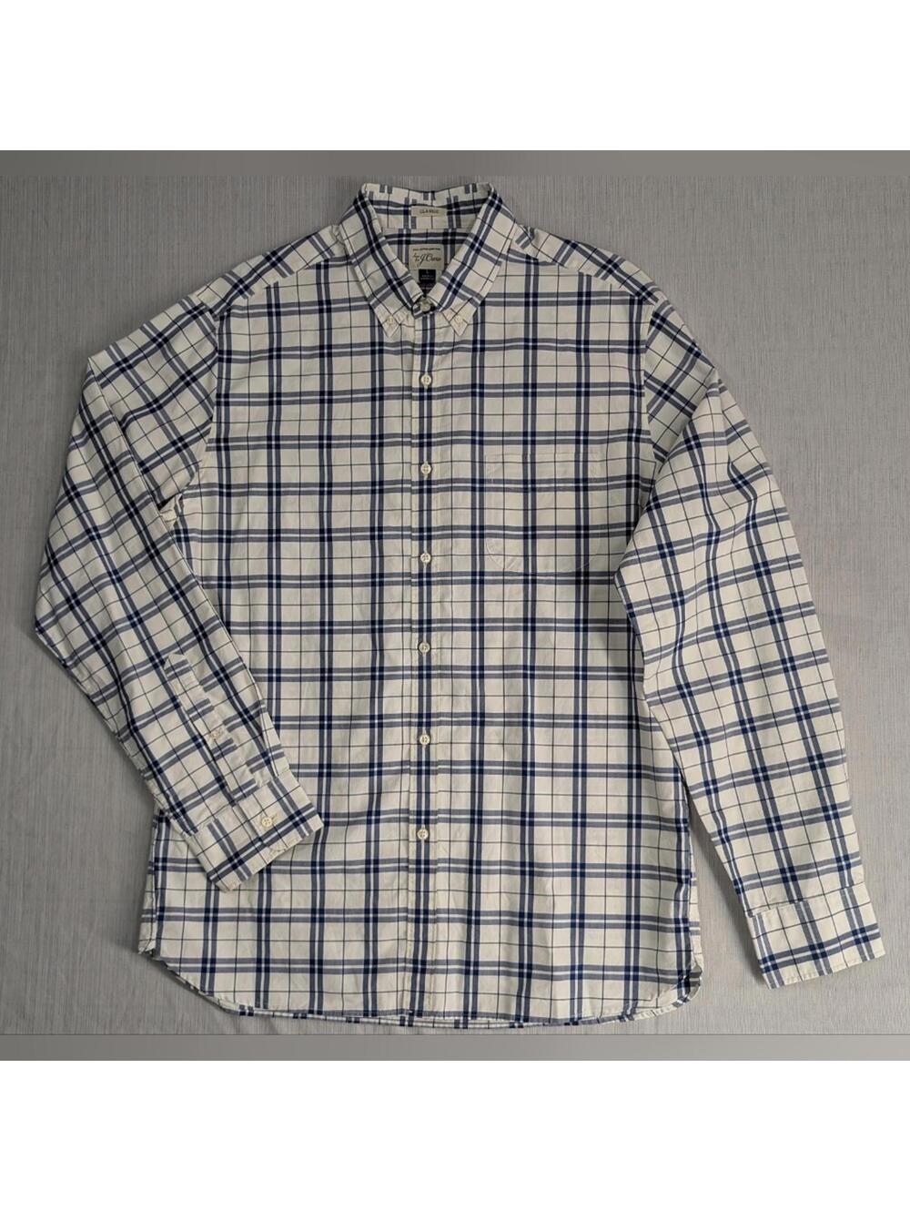 J.Crew Classic Fit Plaid Button-Up Shirt White Blue Men's L 100% Cotton